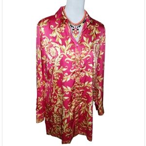 NWT Chico's Ultra Pink and Gold Ornate Scrolls Pattern Tunic Top Size 1-Med